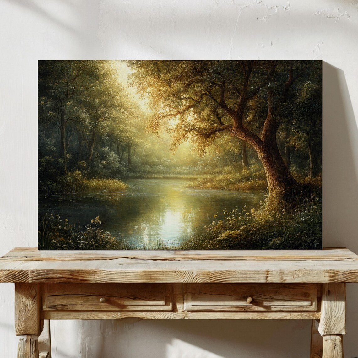 Sunlit Forest River Landscape, Peaceful Nature Scene