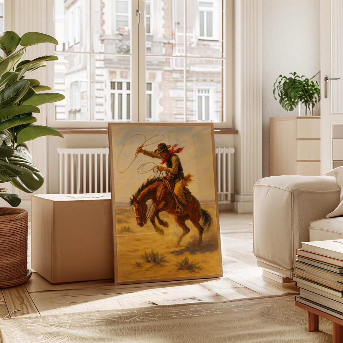 Wild West Cowboy Roping on Horse, Western Rodeo Art Print - Image 4