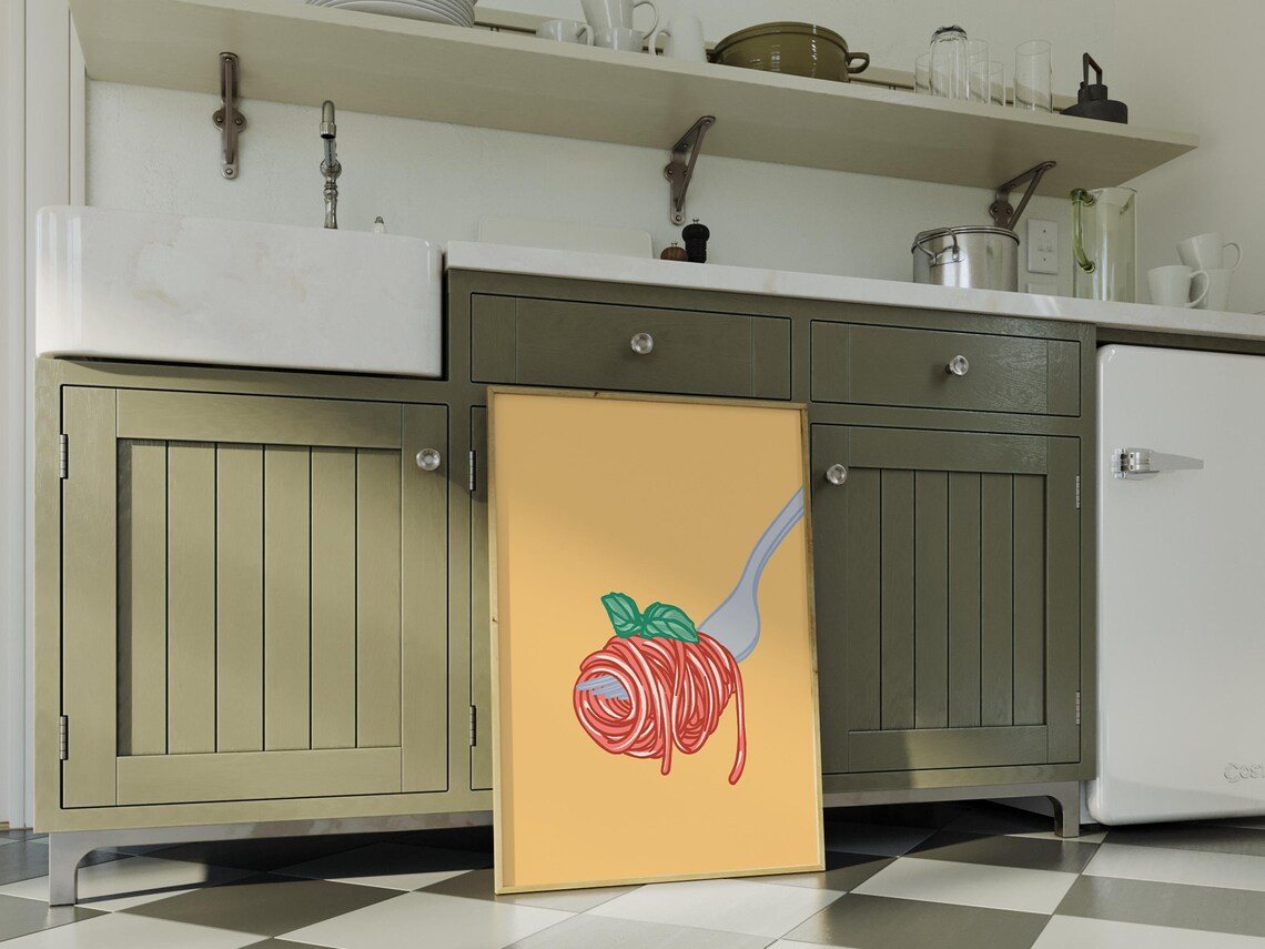 Spaghetti Fork Twirl Basil Red Yellow Whimsical Italian Kitchen Poster - Image 4