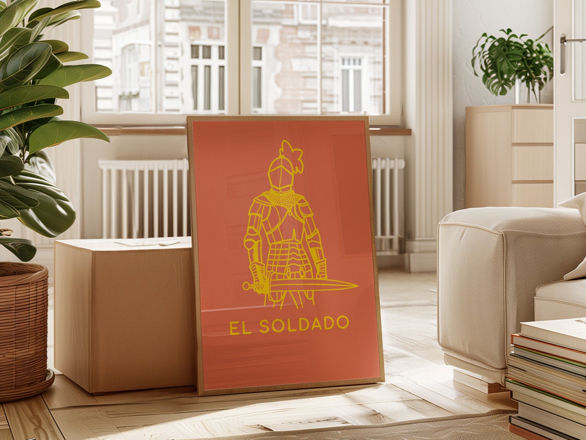El Soldado Mexican Loteria Knight Armor Line Art Coral Wall Poster