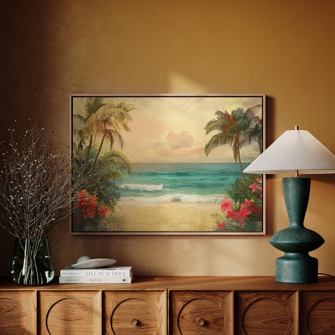 Vintage Tropical Beach Palm Trees Turquoise Ocean Sunset Art Poster - Image 3