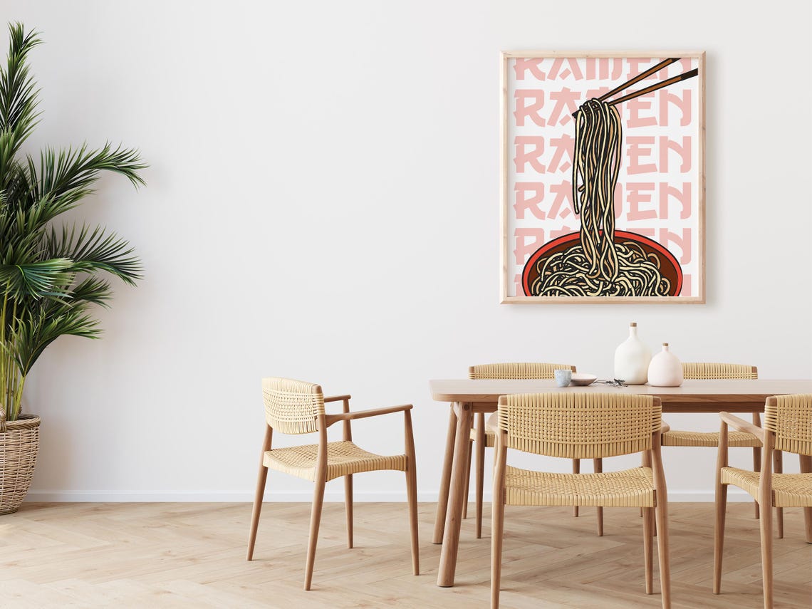 Ramen Bowl Chopsticks Pop Art Pink Typography Kitchen Wall Art - Image 2