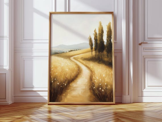 Golden Country Path Landscape Rustic Meadow Trail Painting With Trees And Hills For Farmhouse Or Nature Inspired Wall Art