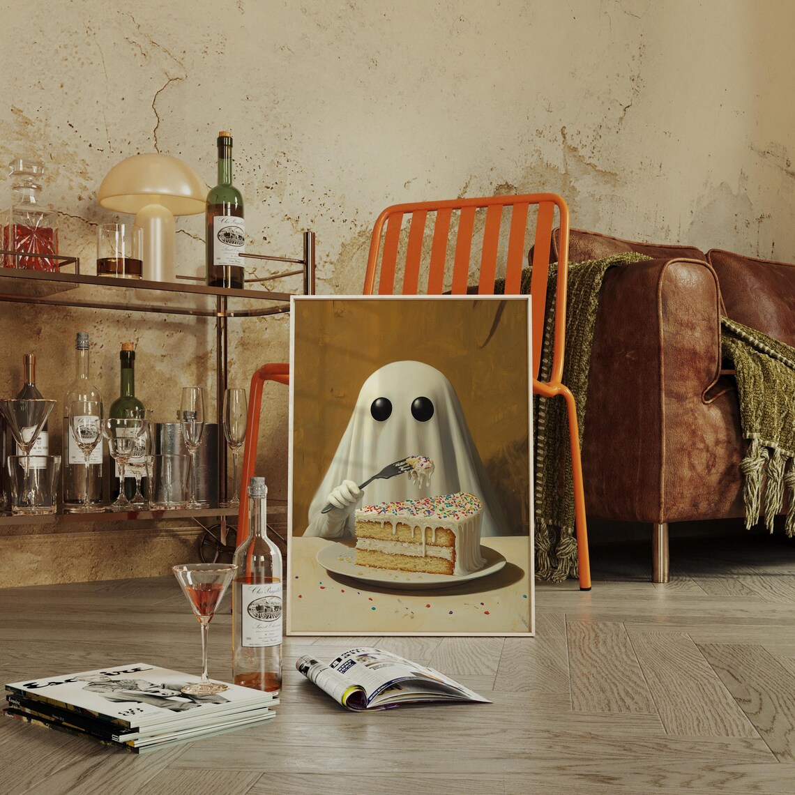 Cute Ghost Eating Cake, Funny Halloween Dessert - Image 3