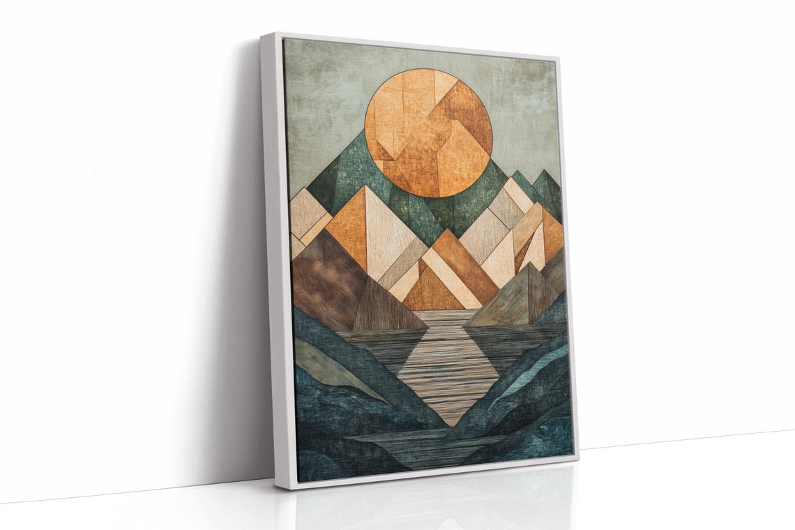 Geometric Mountain Print Abstract Nature Art With Textured Sun And Lake Modern Rustic Wall Decor For Home Or Office - Image 5