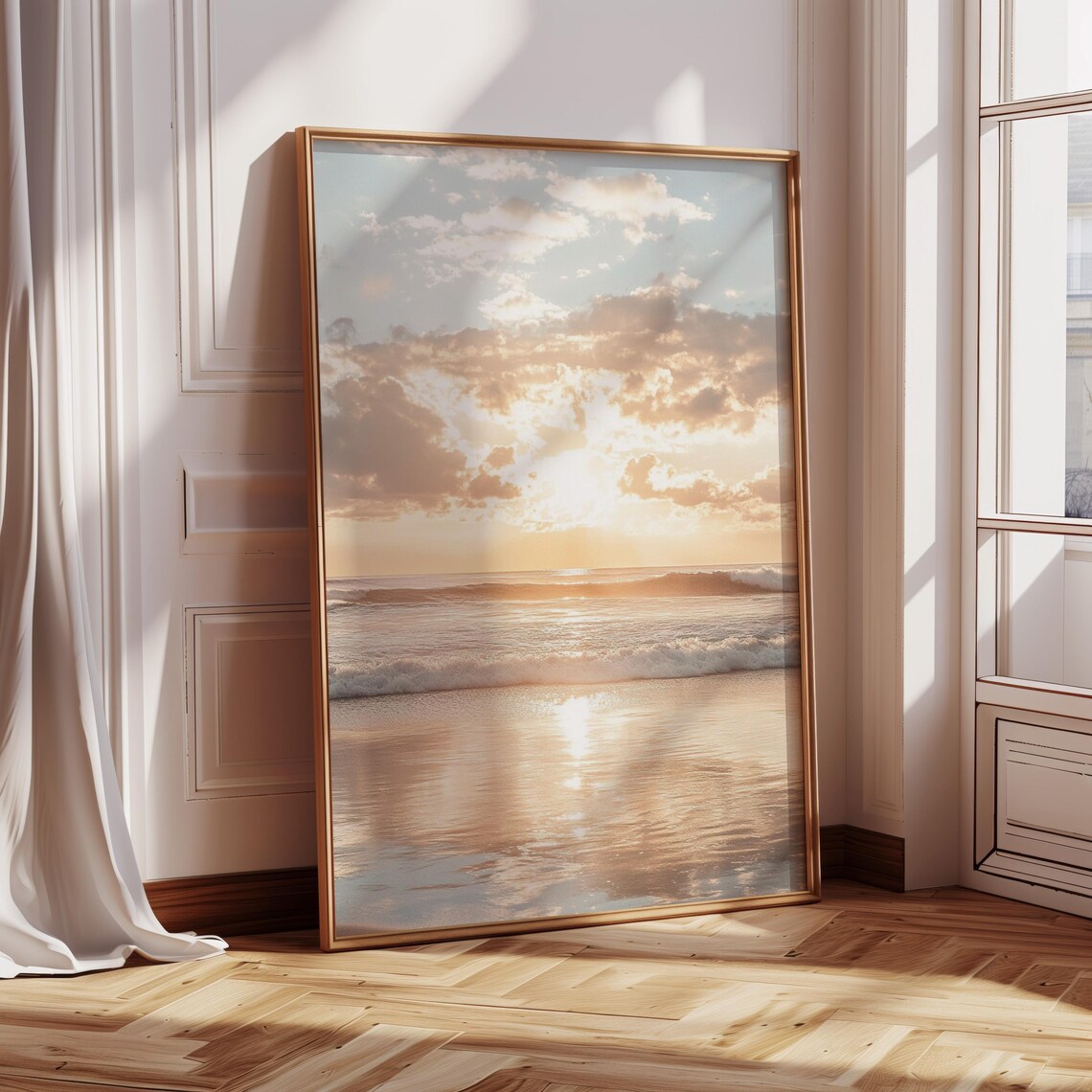Golden Sunrise Over Ocean Waves, Coastal Photography