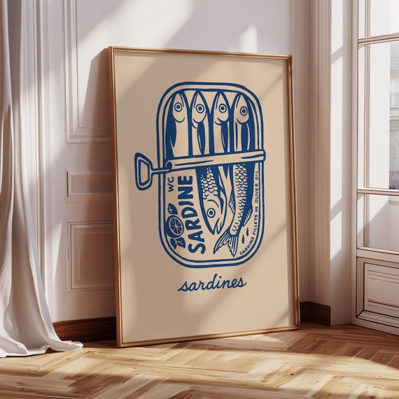 Retro Sardine Can Art Print Bold Blue Kitchen Poster With Vintage Tin Fish Illustration Nautical Coastal Foodie Wall Decor