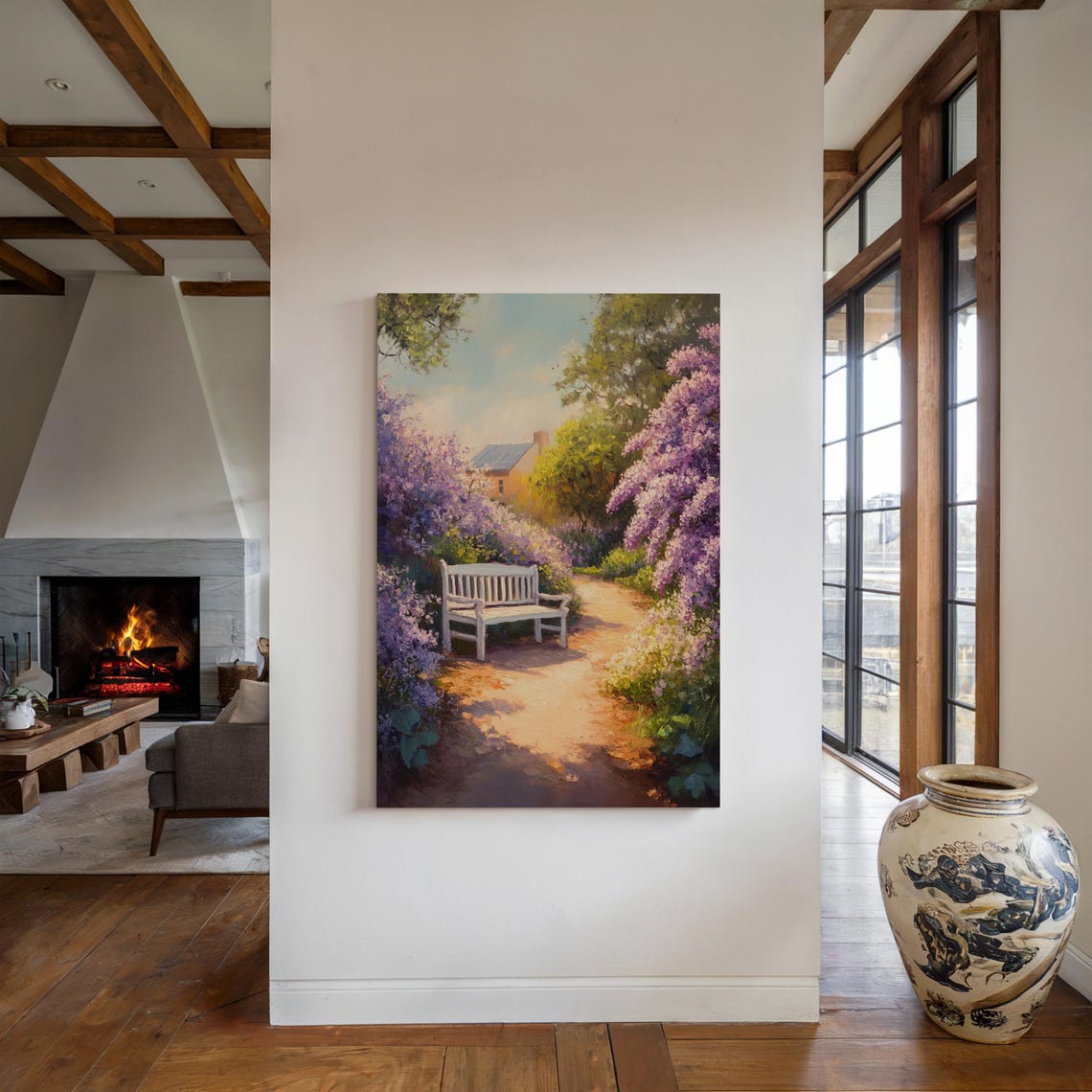 Sunlit Garden Bench Lilac Path Blooming Purple Flowers Spring Wall Art - Image 3