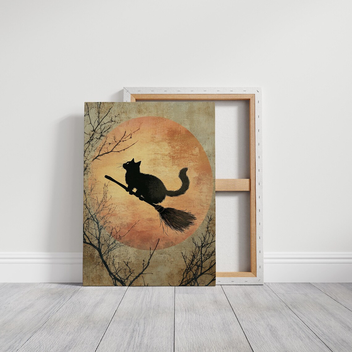 Black Cat Riding Broom Silhouette Vintage Halloween Full Moon Art Poster - Image 4