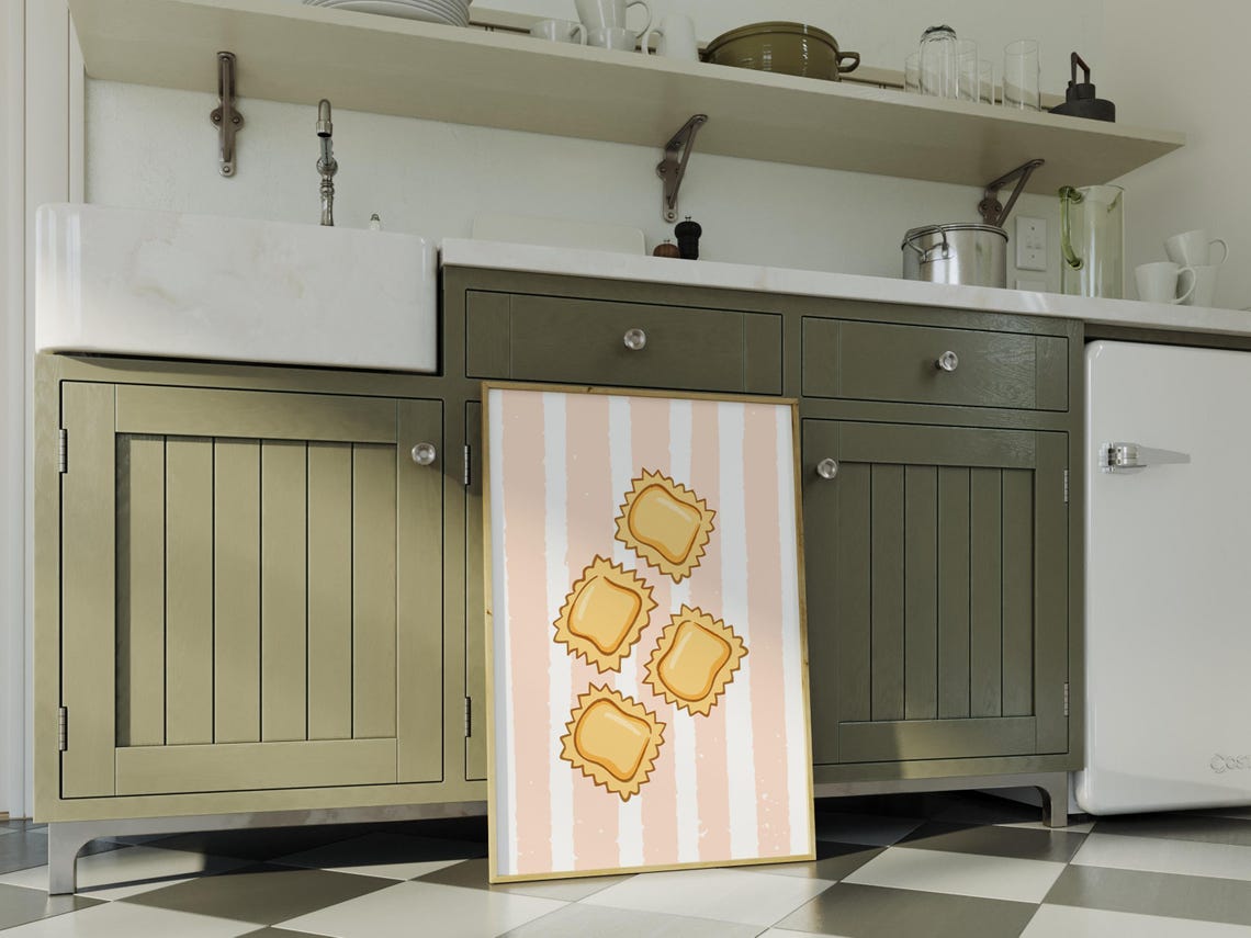 Cute Ravioli Illustration Whimsical Pasta Striped Kitchen Wall Art - Image 4