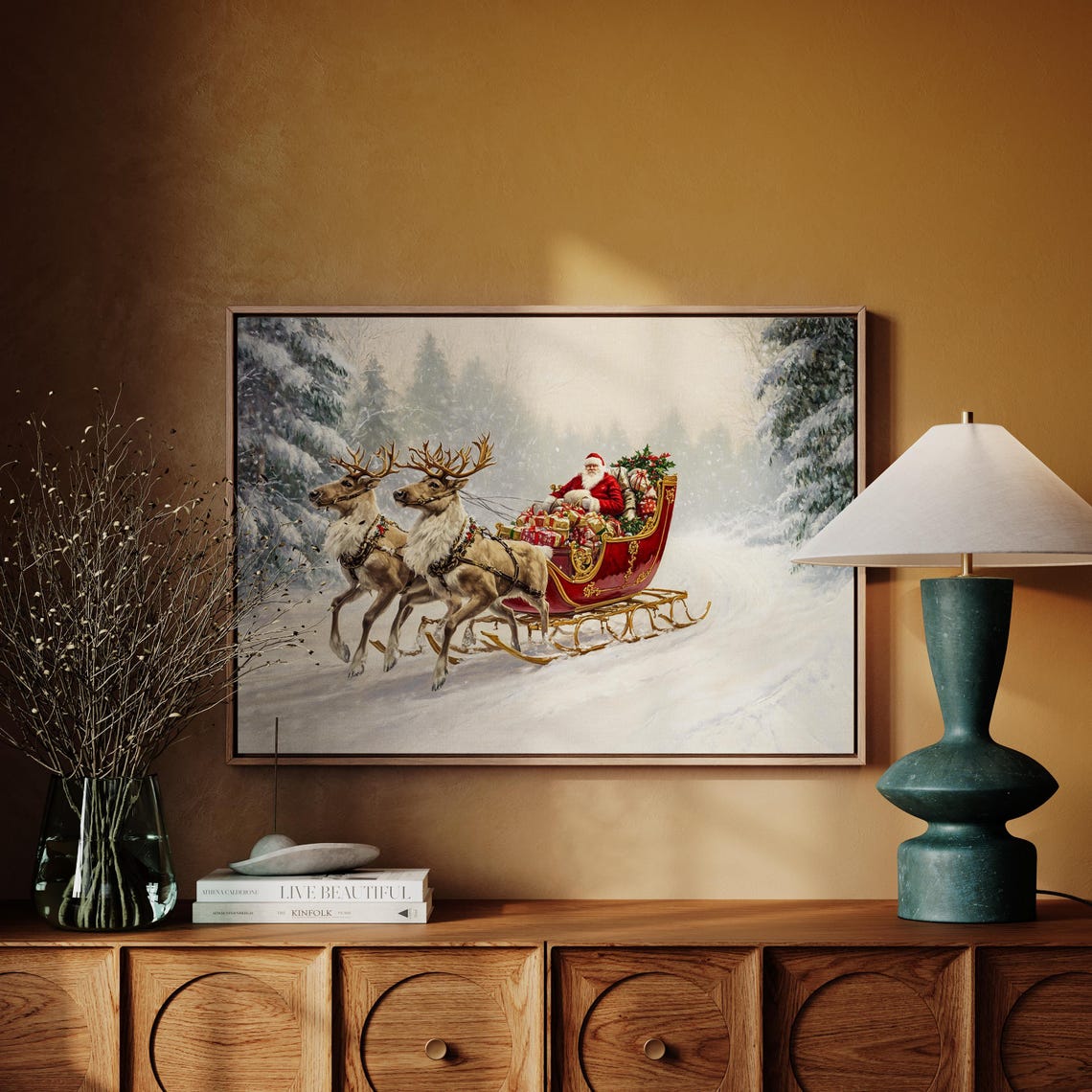 Santa Sleigh Ride Christmas Art Print Festive Holiday Decor Classic Santa And Reindeer Scene Vintage Winter Wonderland Painting - Image 4