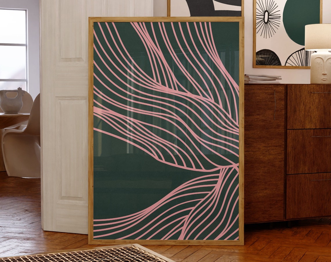 Emerald Pink Flowing Ribbon Lines Organic Modern Abstract Wall Art