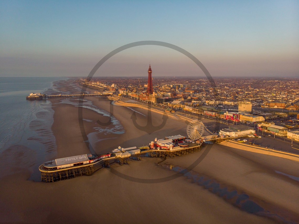 Blackpool Tower Beach Piers Sunset Aerial Lancashire Glow Poster - Image 3