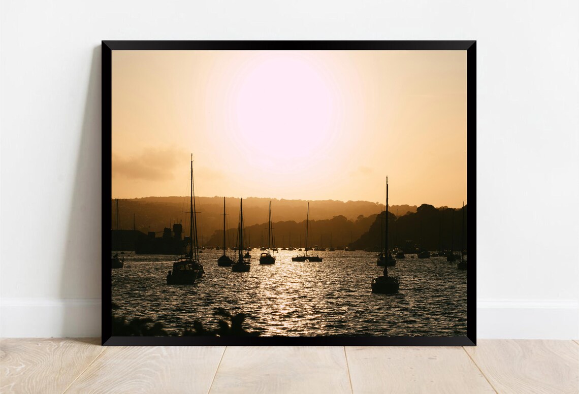 Falmouth Cornwall Sunset Sailboats Golden Harbour Photo Poster - Image 2
