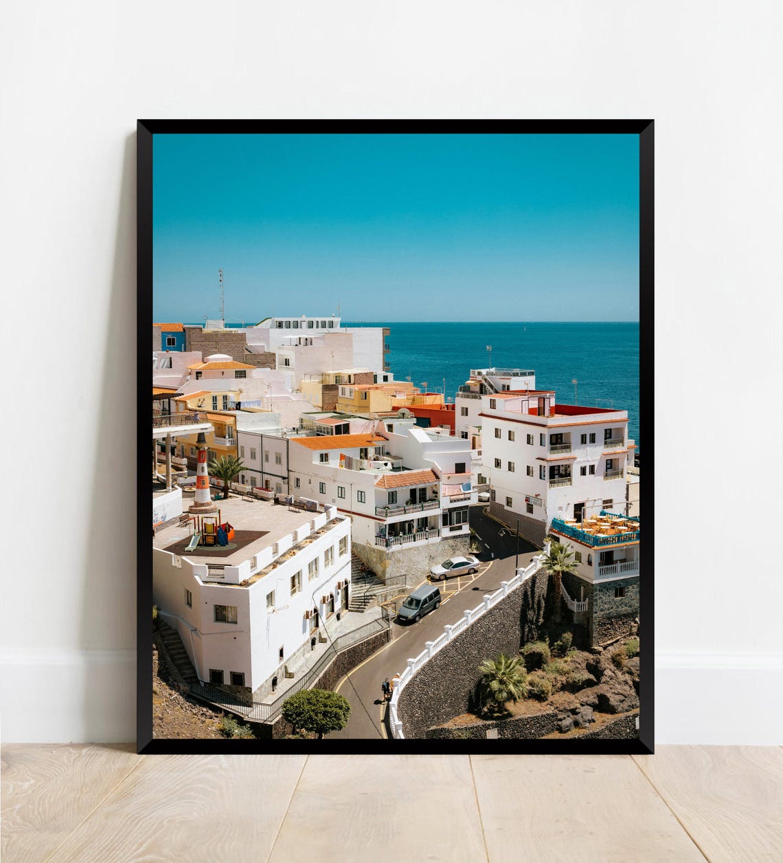 Whitewashed Cliffside Village Overlooking Blue Sea Coast Poster - Image 2
