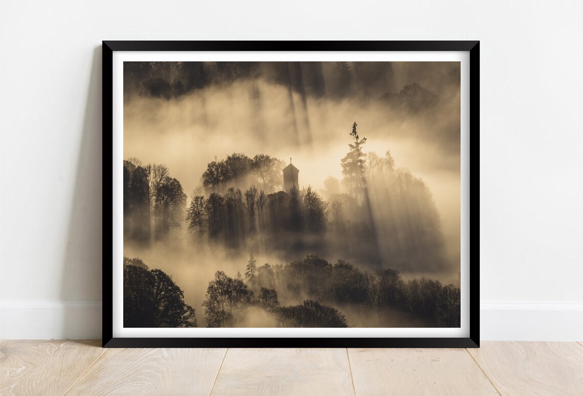 Misty Sunrise Church Spire In Foggy Hills Lake District Poster