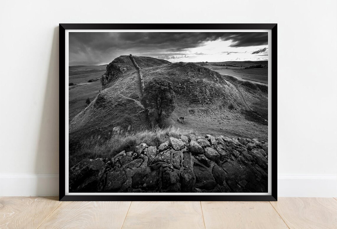 Hadrians Wall Cumbria Black And White Roman Crag Landscape Print