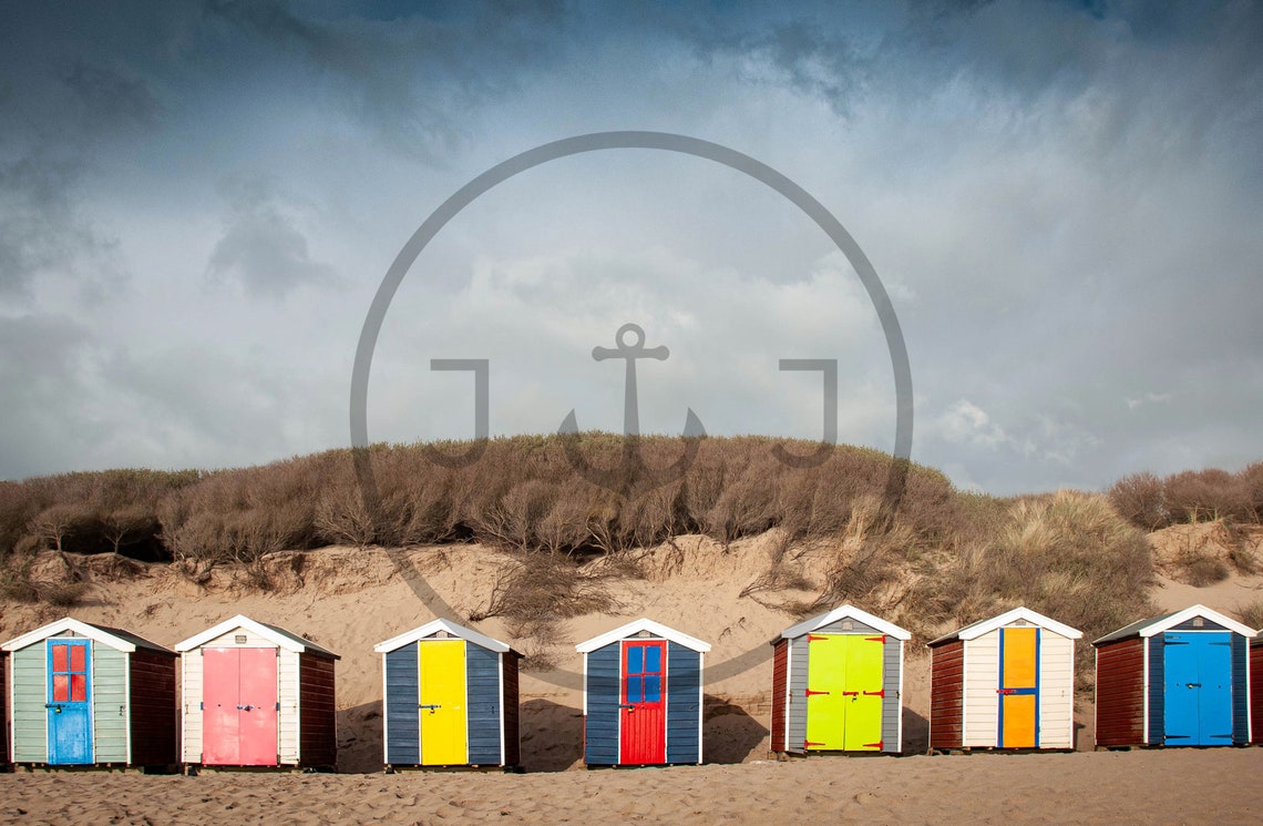 Saunton Sands Devon Colorful Beach Huts Dunes Dramatic Sky Poster - Image 3