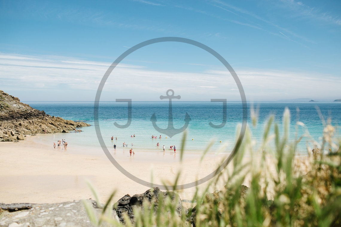 St Ives Cornwall Sandy Beach Swimmers Turquoise Water Poster - Image 3