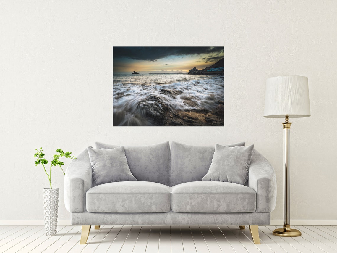 Meadfoot Beach Torquay Sunset Waves Crashing on Rocks Poster - Image 2