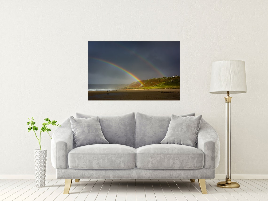 Rainbows Over Sennen Beach Cornwall Double Rainbow Sky Poster - Image 2