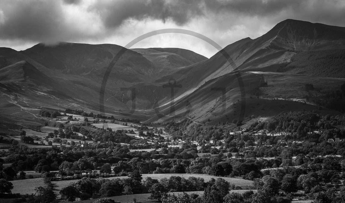 Keswick Lake District Black And White Fells Mountain Valley Poster - Image 3