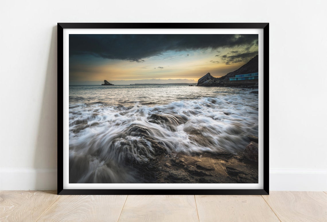 Meadfoot Beach Torquay Sunset Waves Crashing on Rocks Poster
