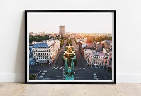 Riga Latvia Freedom Monument Stars Sunset Aerial Boulevard Poster