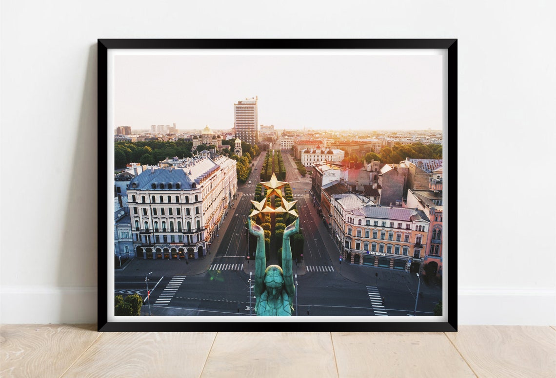 Riga Latvia Freedom Monument Stars Sunset Aerial Boulevard Poster