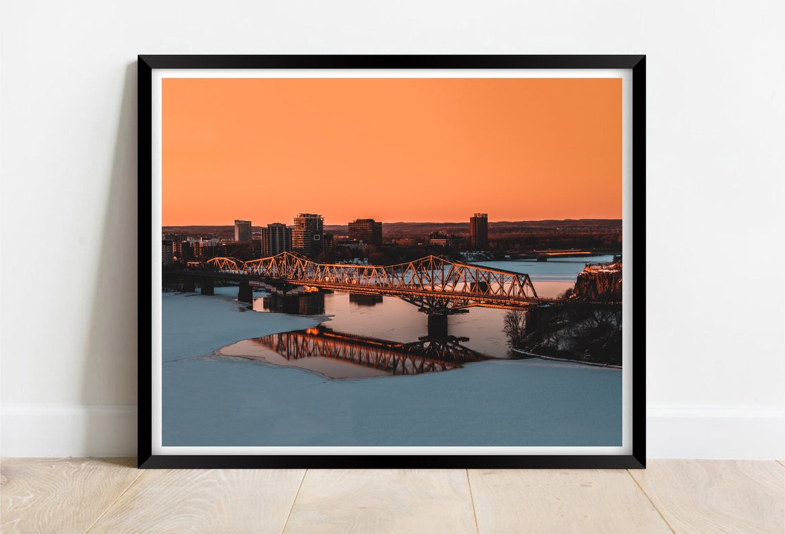 Ottawa River Frozen Winter Sunset With Truss Bridge Reflection Poster