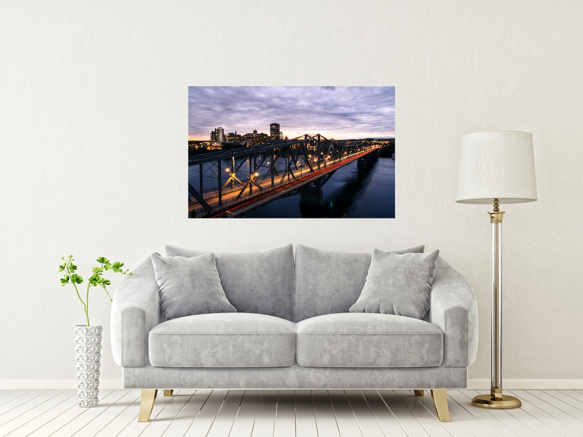 Ottawa Canada Steel Truss Bridge Over The River At Sunset Dusk Poster - Image 2