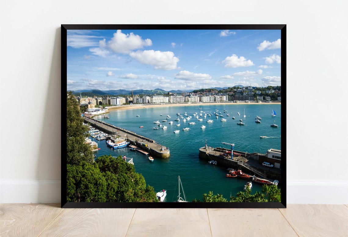 Curved Bay Beach Bustling Harbor Sailboats Bright Sunny Day Poster - Image 2