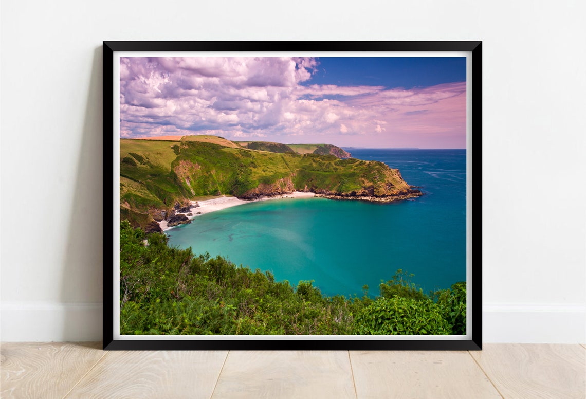 Lantic Bay Cornwall Turquoise Cove White Sand Pink Clouds Poster