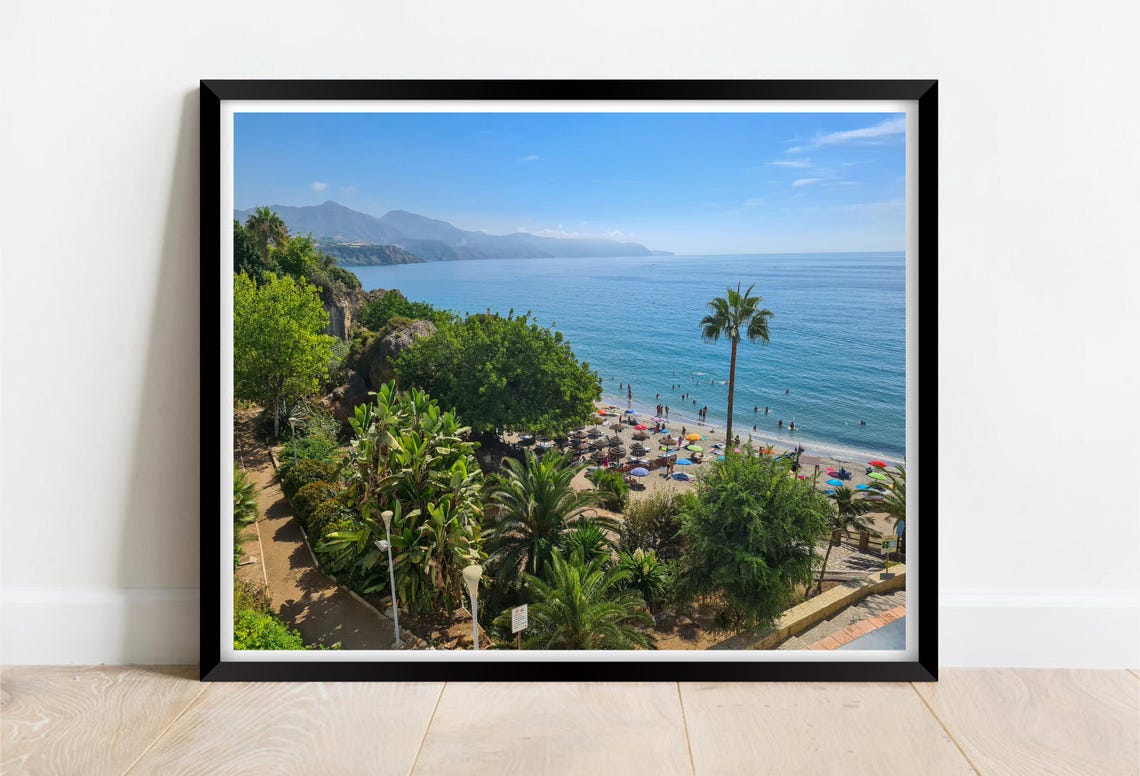 Lush Cove Beach Colorful Umbrellas Palms Clear Blue Sea Poster