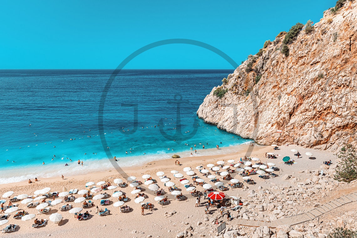 Kalkan Beach Turkey Turquoise Cove with Umbrellas and Cliff Poster - Image 3