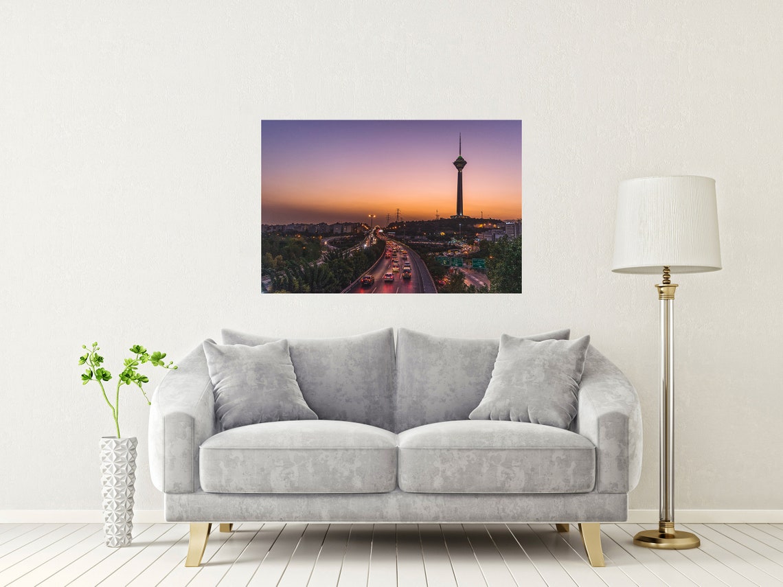 Milad Tower Tehran At Sunset Above Glowing Highway Traffic Poster - Image 2