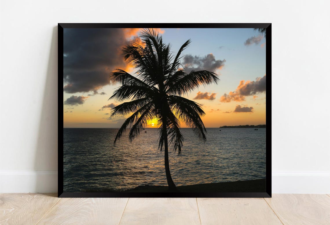 Freights Bay Barbados Sunset Palm Silhouette Tropical Poster - Image 2