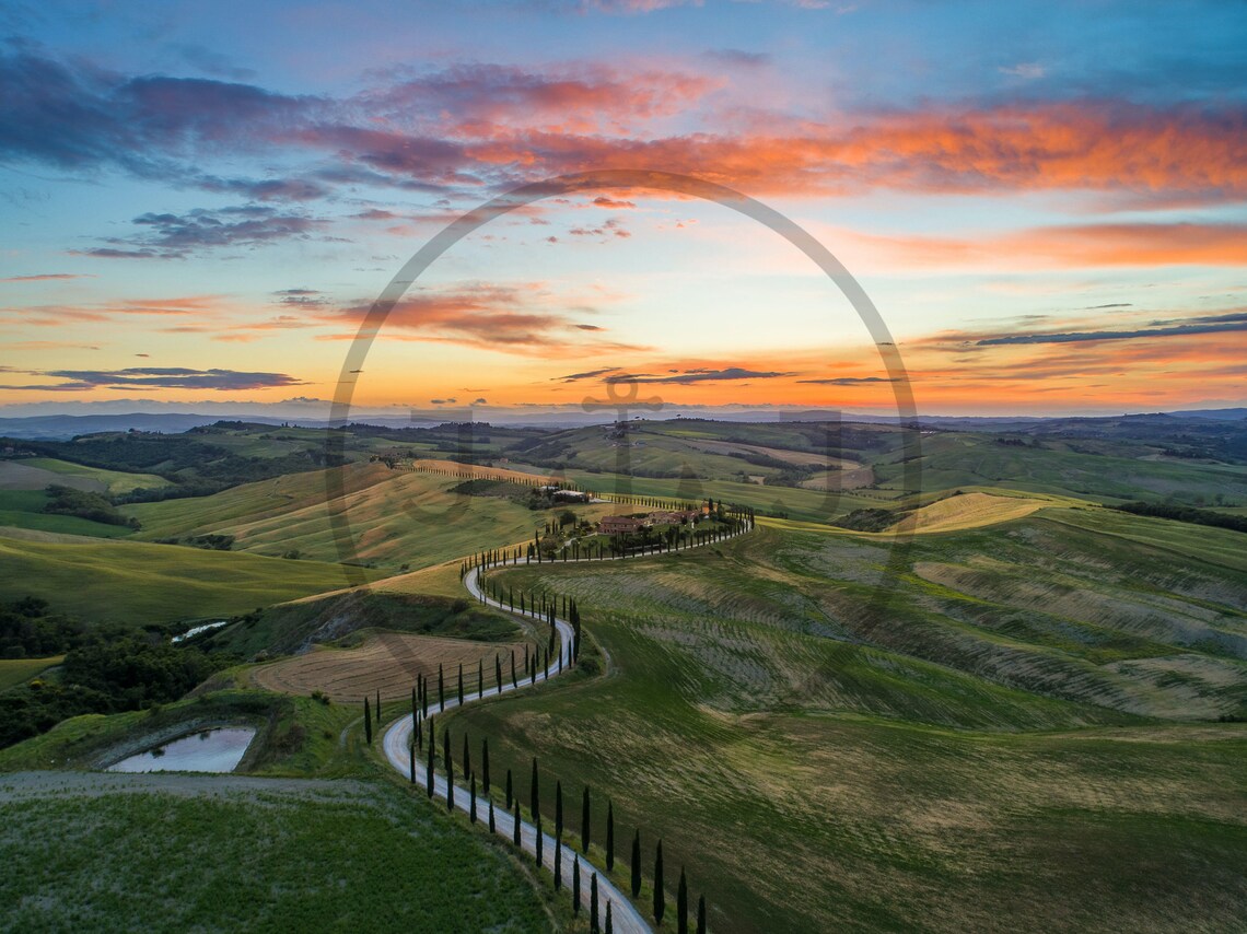 Tuscany Italy Cypress Road Rolling Green Hills Sunset Poster - Image 3