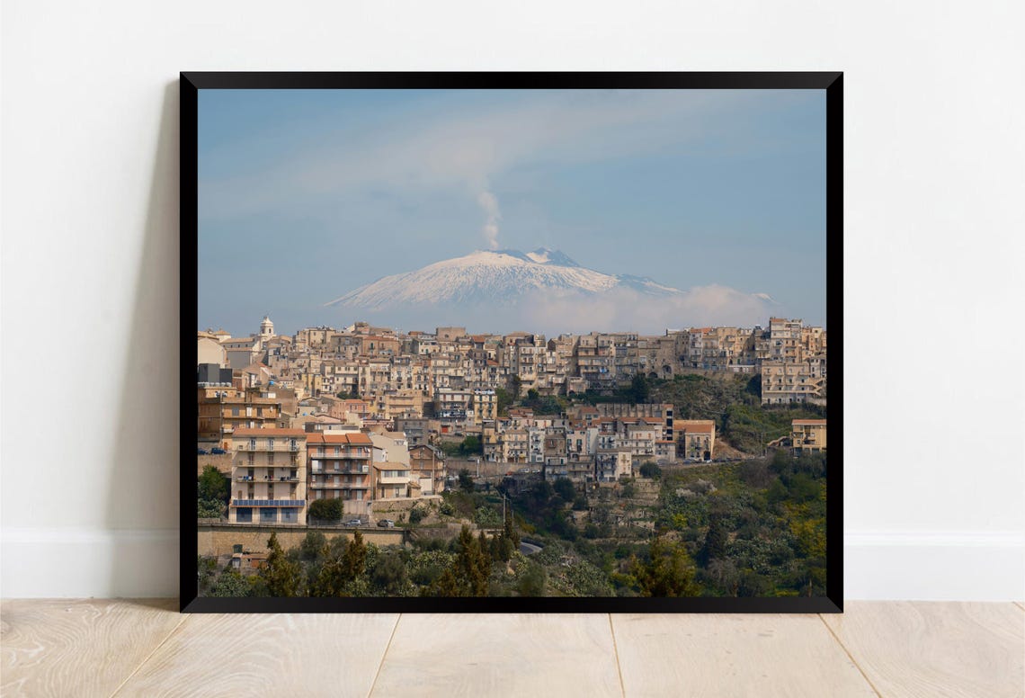 Snowy Mount Etna Smoking Over Italian Hillside Village Poster - Image 2