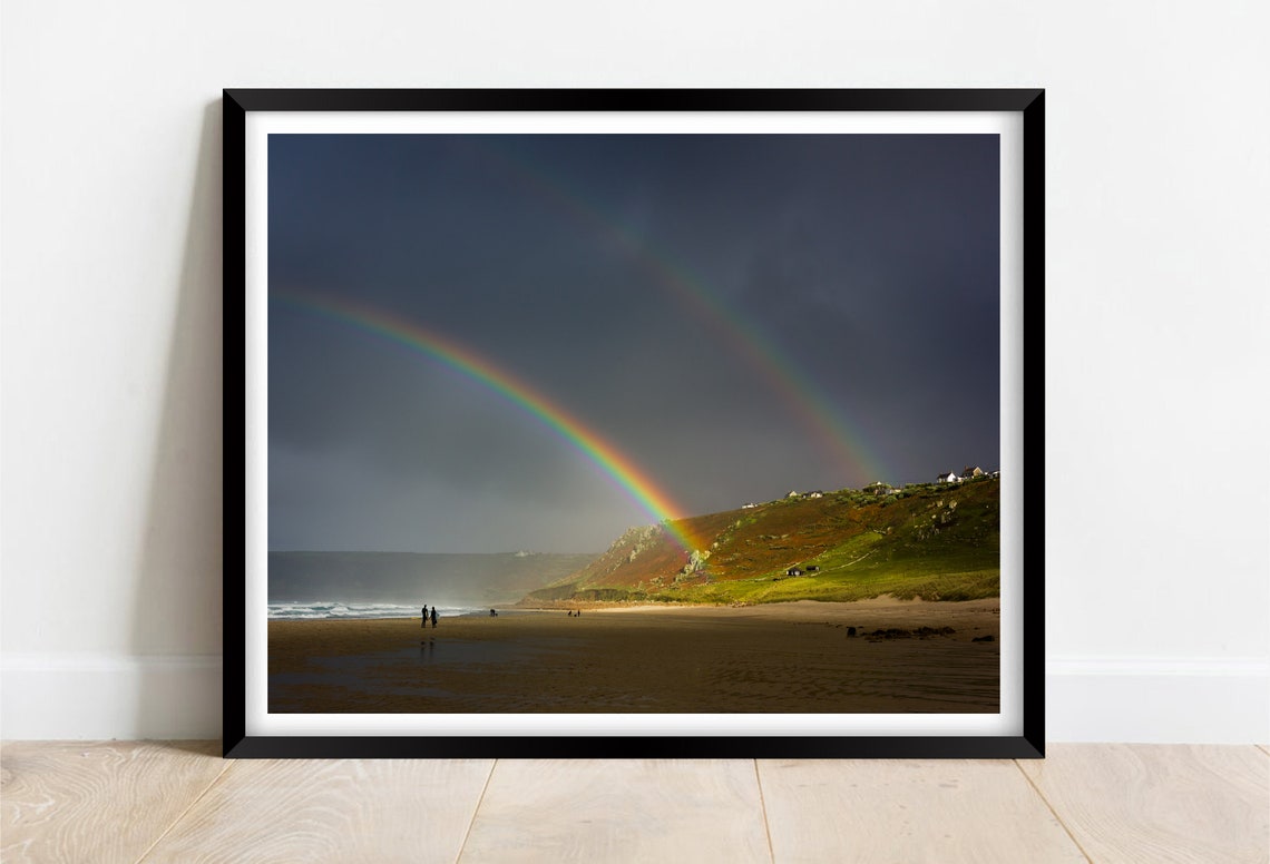 Rainbows Over Sennen Beach Cornwall Double Rainbow Sky Poster