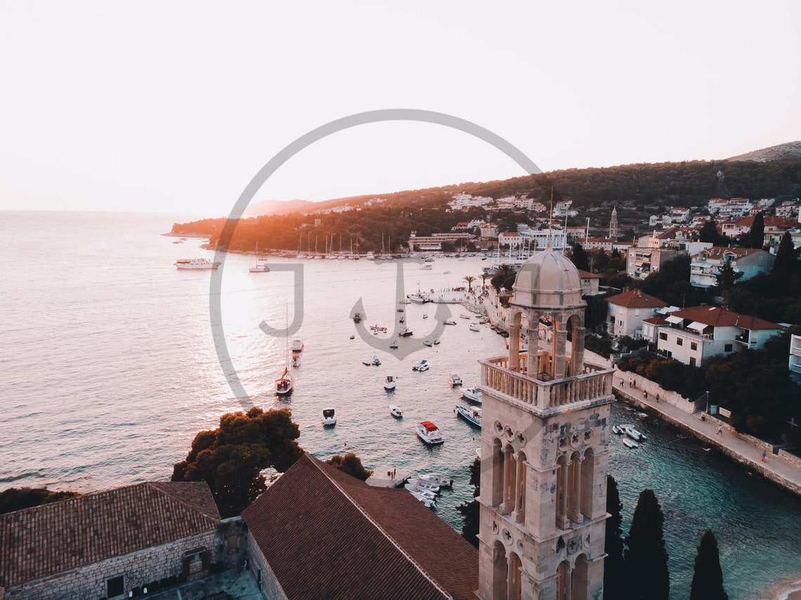 Hvar Island Croatia Sunset Harbor with Stone Bell Tower Poster - Image 3
