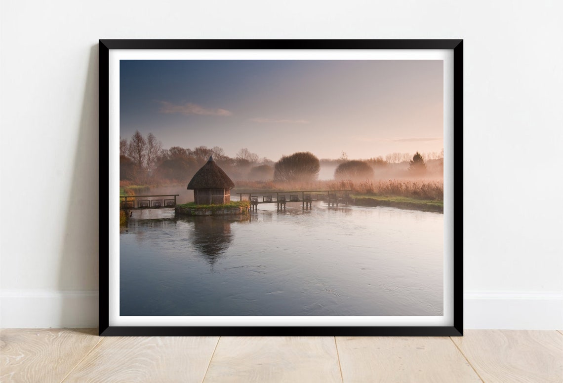 River Test Eel Traps Longstock Hampshire Misty Sunrise Hut Poster