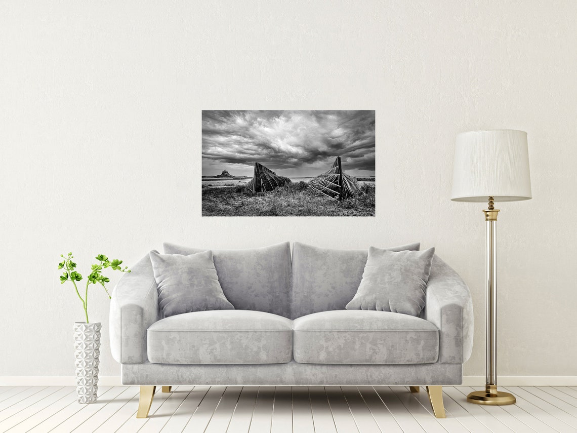 Lindisfarne Holy Island Upturned Boats Black And White Poster - Image 2