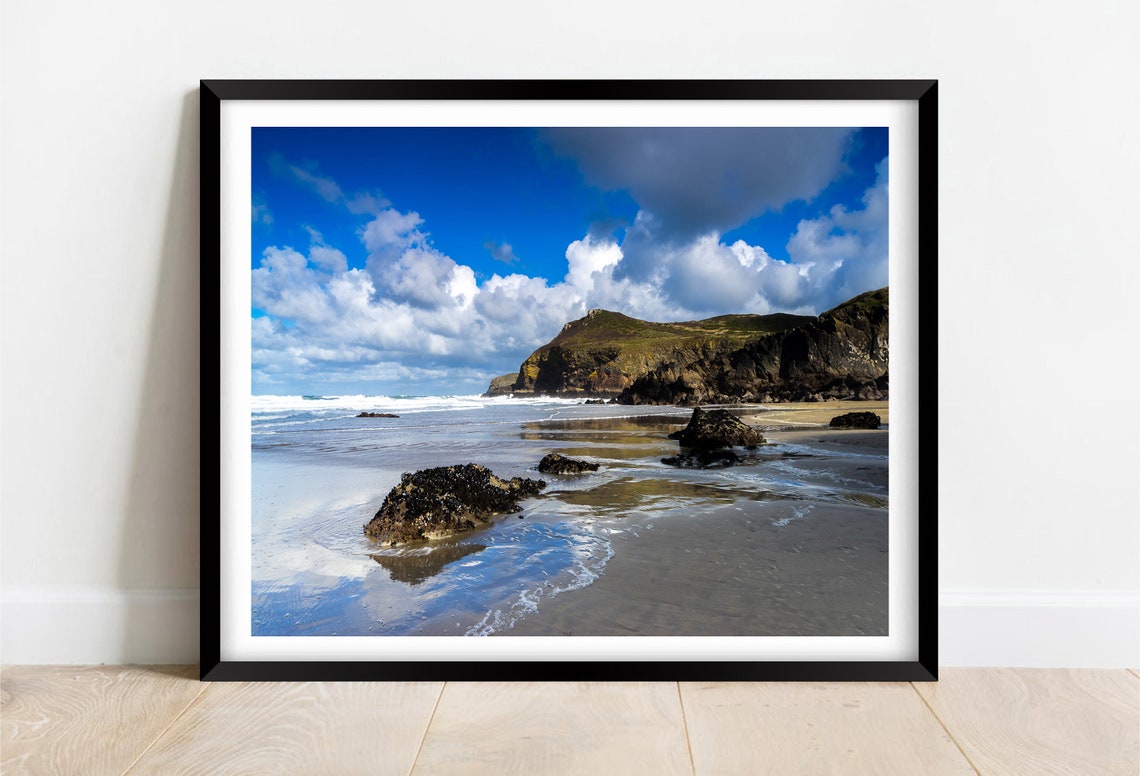 Lundy Bay Beach Cornwall Wet Sand Sky Mirror Reflections Poster