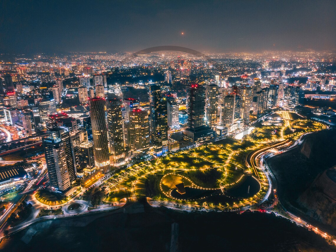 Mexico City Night Aerial With Glowing Skyscrapers And Green Park Poster - Image 3