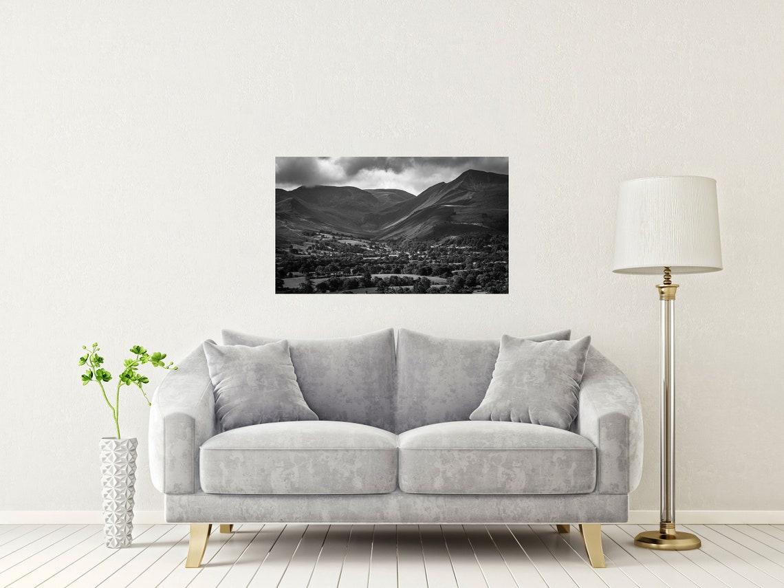 Keswick Lake District Black And White Fells Mountain Valley Poster - Image 2