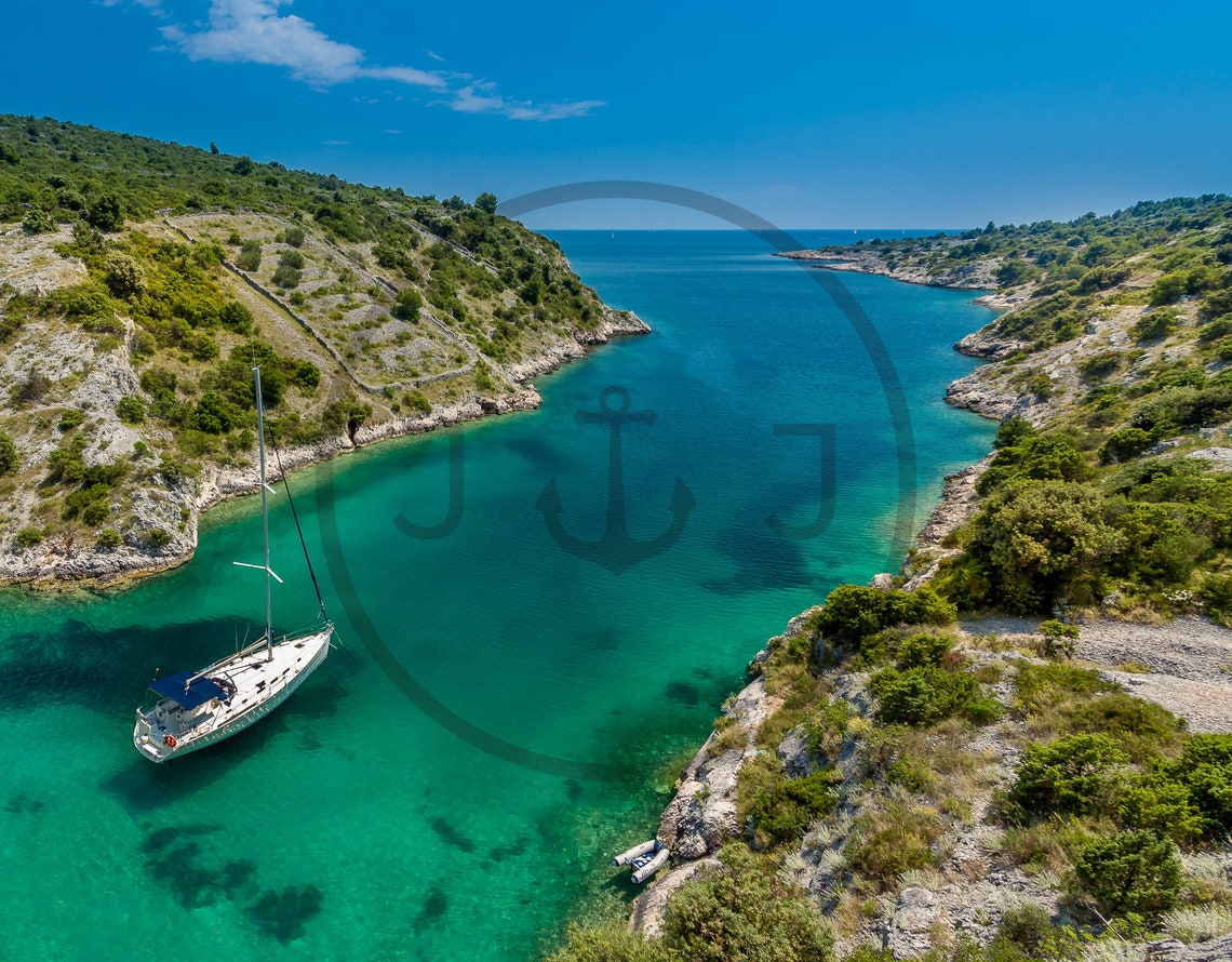 Croatia Dalmatian Coast Turquoise Cove Sailboat Bay View Poster - Image 3