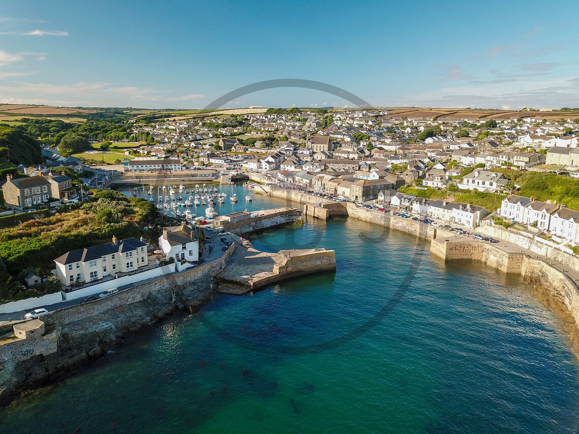 Porthleven Harbour Cornwall Fishing Boats Aerial View Poster - Image 3