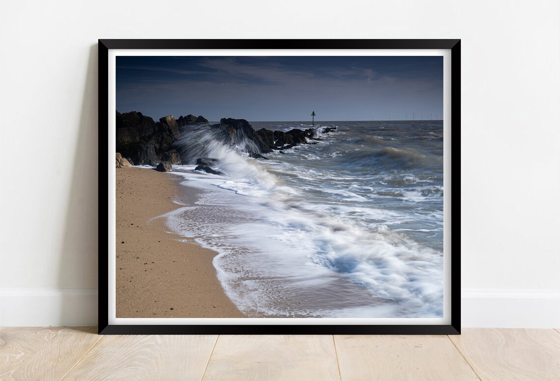 Jaywick Sands Essex Waves Crashing Rocky Groyne Turbines Poster