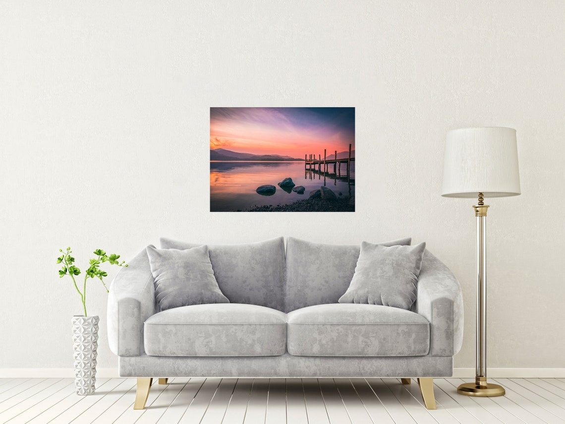 Derwentwater Lake District Sunset Wooden Jetty Boulders Poster - Image 2